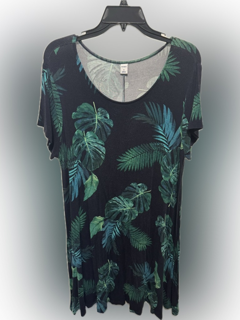 Old Navy Black Scoop Neck Swing Dress with Green Tropical Leaf Print